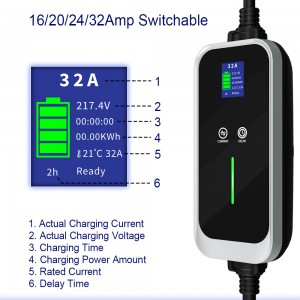 10-32A current adjustable 7.4Kw home evse portable ev charger type 2 iec 62196